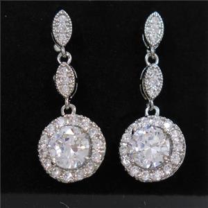 copper earring paved zircon, platinum plated, approx 3-6mm, 12mm