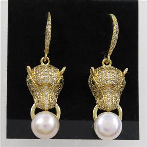 copper fox earring paved zircon with pearl, gold plated, approx 8mm, 10-20mm