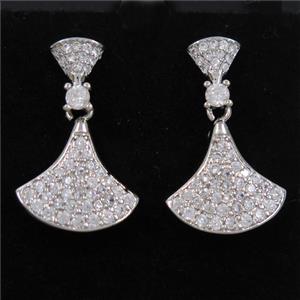 copper fan earring paved zircon, platinum plated, approx 15-22mm
