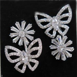copper butterfly earring paved zircon, platinum plated, approx 12mm, 14-18mm
