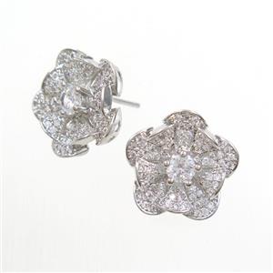 copper flower Earring studs paved zircon, platinum plated, approx 16mm dia