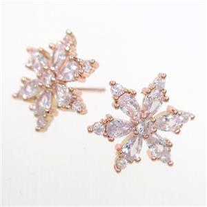 copper snowflake earring paved zircon, rose gold, approx 17mm dia