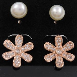 copper flower earring paved zircon with pearl, rose gold, approx 7mm, 14mm dia