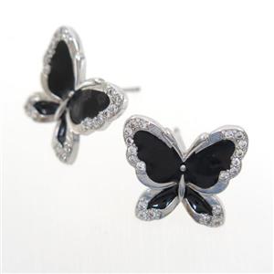 copper butterfly Earring studs paved zircon, enamel, platinum plated, approx 15-17mm