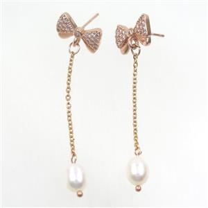 copper butterfly Earring paved zircon with white pearl, rose gold, approx 7-8mm, 10-14mm, 35mm length