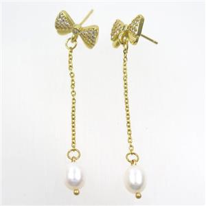 copper butterfly Earring paved zircon with white pearl, gold plated, approx 7-8mm, 10-14mm, 35mm length