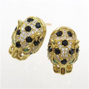 copper leopardhead earring studs paved zircon, gold plated, approx 10.5-16mm