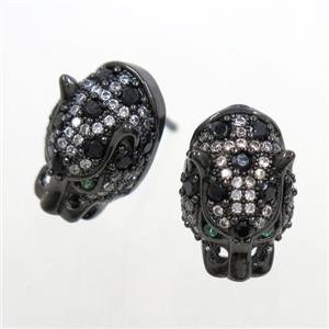 copper leopardhead earring studs paved zircon, black plated, approx 10.5-16mm