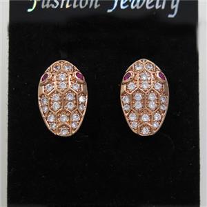 copper snakehead earring studs paved zircon, rose gold, approx 9-15mm