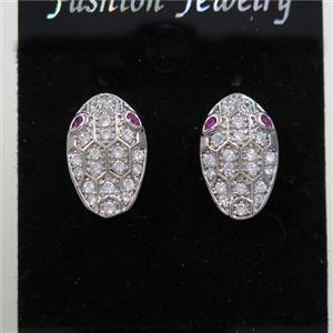 copper snakehead earring studs paved zircon, platinum plated, approx 9-15mm