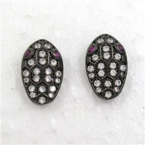 copper snakehead earring studs paved zircon, black plated, approx 9-15mm
