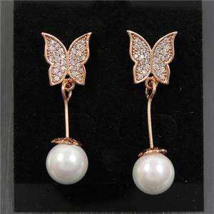 copper butterfly earring paved zircon with pearlized shell, rose gold, approx 8-10mm
