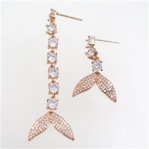 copper earring paved zircon with sharktail, rose gold, approx 15-17mm, 25-50mm