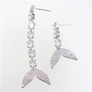 copper earring paved zircon with sharktail, platinum plated, approx 15-17mm, 25-50mm