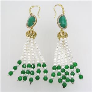 copper earring paved zircon with pearlized glass tassel, approx 13-90mm