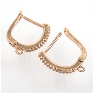 copper Earring hook paved zircon with loop, rose gold, approx 15-17mm