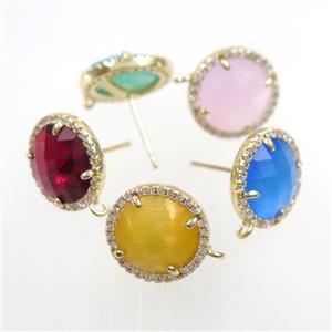 copper earring paved zircon with glass crystal, mixed color, approx 15mm dia