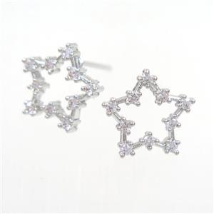 copper star earring paved zircon, platinum plated, approx 12mm dia