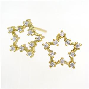 copper star earring paved zircon, gold plated, approx 12mm dia