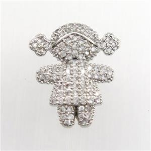 copper girls pendant paved zircon, platinum plated, approx 14-16mm