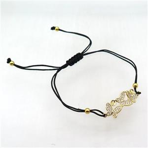 resizable nylon wire bracelet with butterfly pave zircon, gold plated, approx 12-25mm, 24cm length