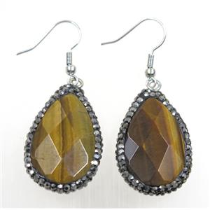 yellow Tiger eye stone earring paved rhinestone, teardrop, approx 20-30mm