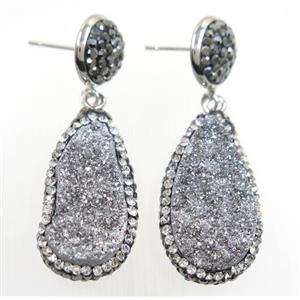 silver Druzy quartz earring paved rhinestone, teardrop, approx 15-27mm