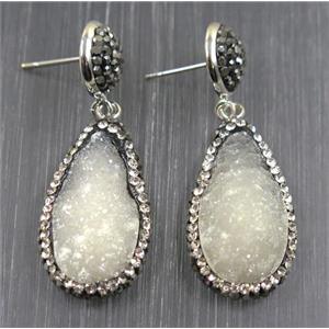 white Druzy quartz earring paved rhinestone, teardrop, approx 15-27mm