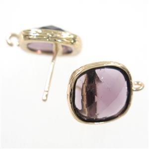 purple Chinese Crystal Glass earring studs, gold plated, approx 14x14mm