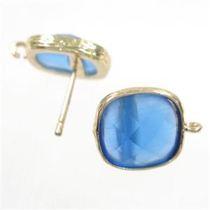 blue Chinese Crystal Glass earring studs, gold plated, approx 14x14mm