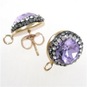 lavender Chinese Crystal Glass earring studs paved rhinestone, gold plated, approx 14mm dia