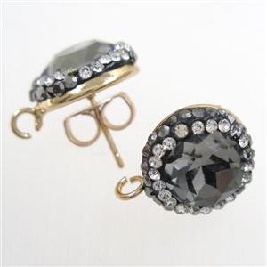 Chinese Crystal Glass earring studs paved rhinestone, gray, gold plated, approx 14mm dia