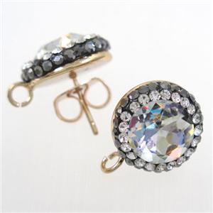 Chinese Crystal Glass earring studs paved rhinestone, clear AB-color, gold plated, approx 14mm dia