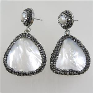 pearlized shell earring paved rhinestone, approx 13mm, 30mm
