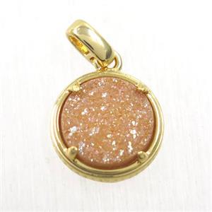 champagne Druzy Agate pendant, flat-round, gold plated, approx 12mm dia