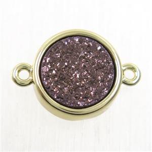 coffee Druzy Agate connector, flat-round, gold plated, approx 12mm dia