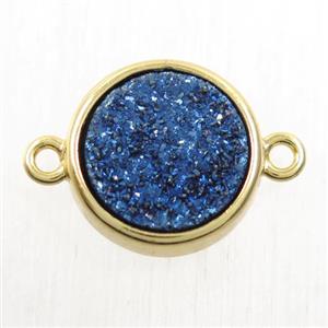 blue Druzy Agate connector, flat-round, gold plated, approx 12mm dia