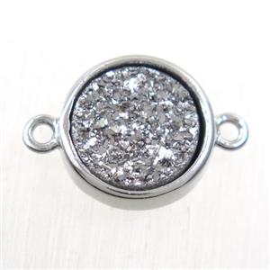 silver Druzy Agate connector, flat-round, platinum plated, approx 12mm dia