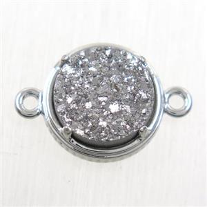 silver Druzy Agate connector, flat-round, platinum plated, approx 12mm dia