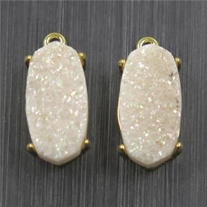 white AB-color Druzy Agate oval connector, gold plated, approx 7x14mm