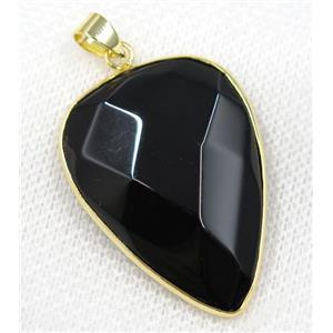 black Agate pendant, faceted teardrop, gold plated, approx 25-35mm