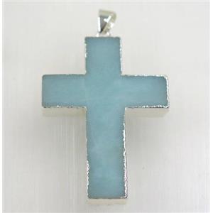 blue Amazonite cross pendant, 925 silver plated, approx 25x35mm