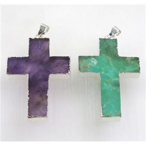 mix gemstone cross pendant, 925 silver plated, approx 25x35mm