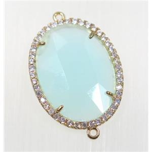 aqua crystal glass connector pave zircon, faceted oval, gold plated, approx 22x30mm