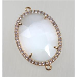 white cats eye stone connector pave zircon, faceted oval, gold plated, approx 22x30mm