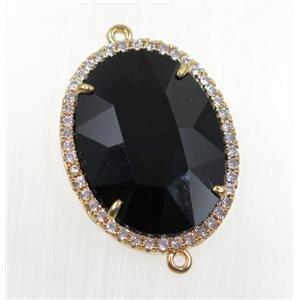black crystal glass connector pave zircon, faceted oval, gold plated, approx 22x30mm
