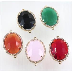 mix crystal glass connector pave zircon, faceted oval, gold plated, approx 22x30mm