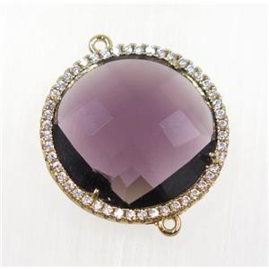purple crystal glass connector pave zircon, faceted flat round, gold plated, approx 25mm dia