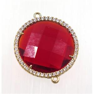 ruby crystal glass connector pave zircon, faceted flat round, gold plated, approx 25mm dia