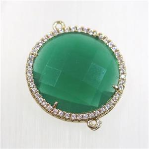 peacock green crystal glass connector pave zircon, faceted flat round, gold plated, approx 25mm dia